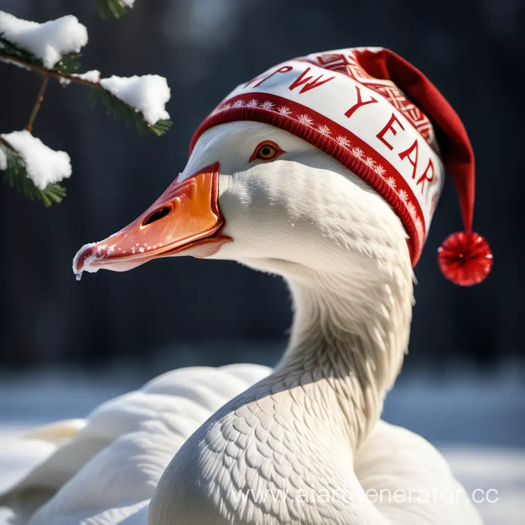 Festive-White-Goose-Wearing-a-New-Years-Hat-in-Snowy-Delight