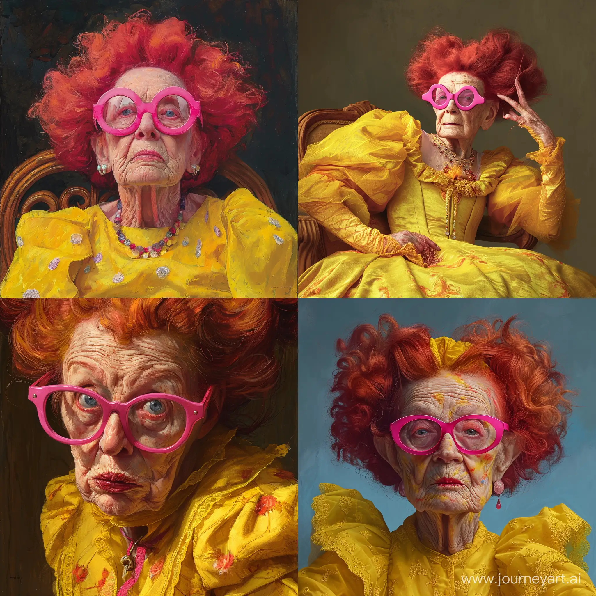 Elderly-Woman-in-Vibrant-Attire-with-Pink-Glasses-and-Yellow-Dress