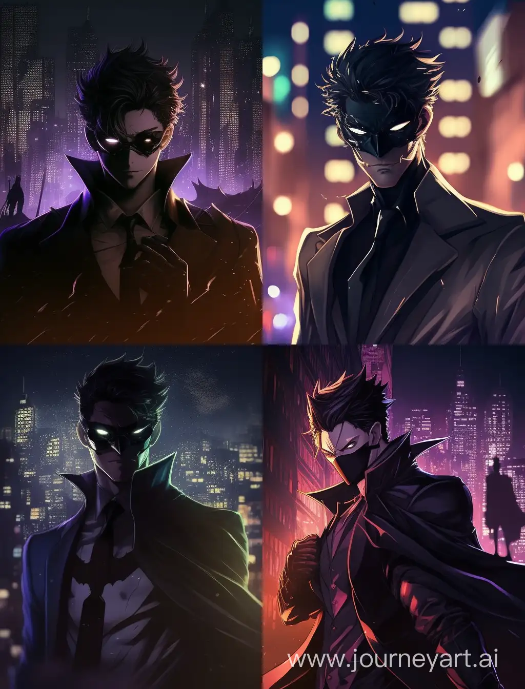 Create an image in which there will be a mysterious man with a black mask on his face and a beautiful suit over his entire face, looking to the side in a model pose. And in the background is a bright night city with a blurred effect. Anime filter, Anime Style.
