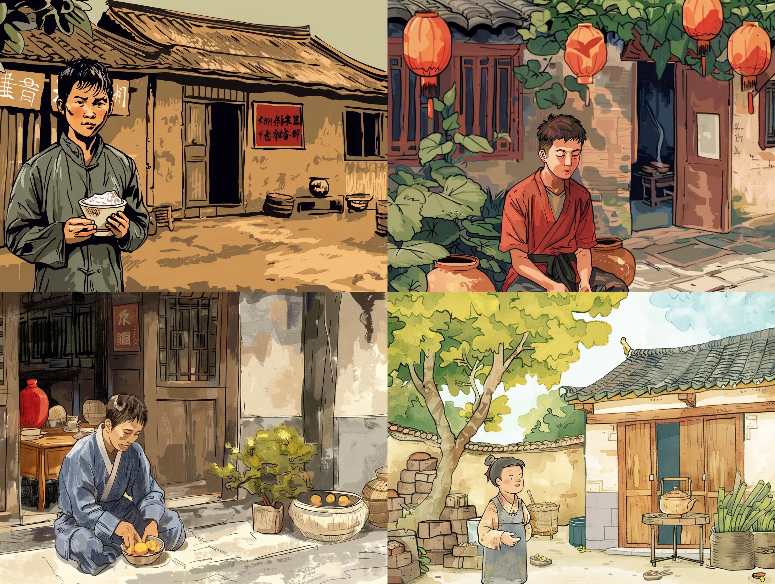 Illustration like fairytale about young poor Chinese  man he is 17 who has no money near the Chinese teahouse