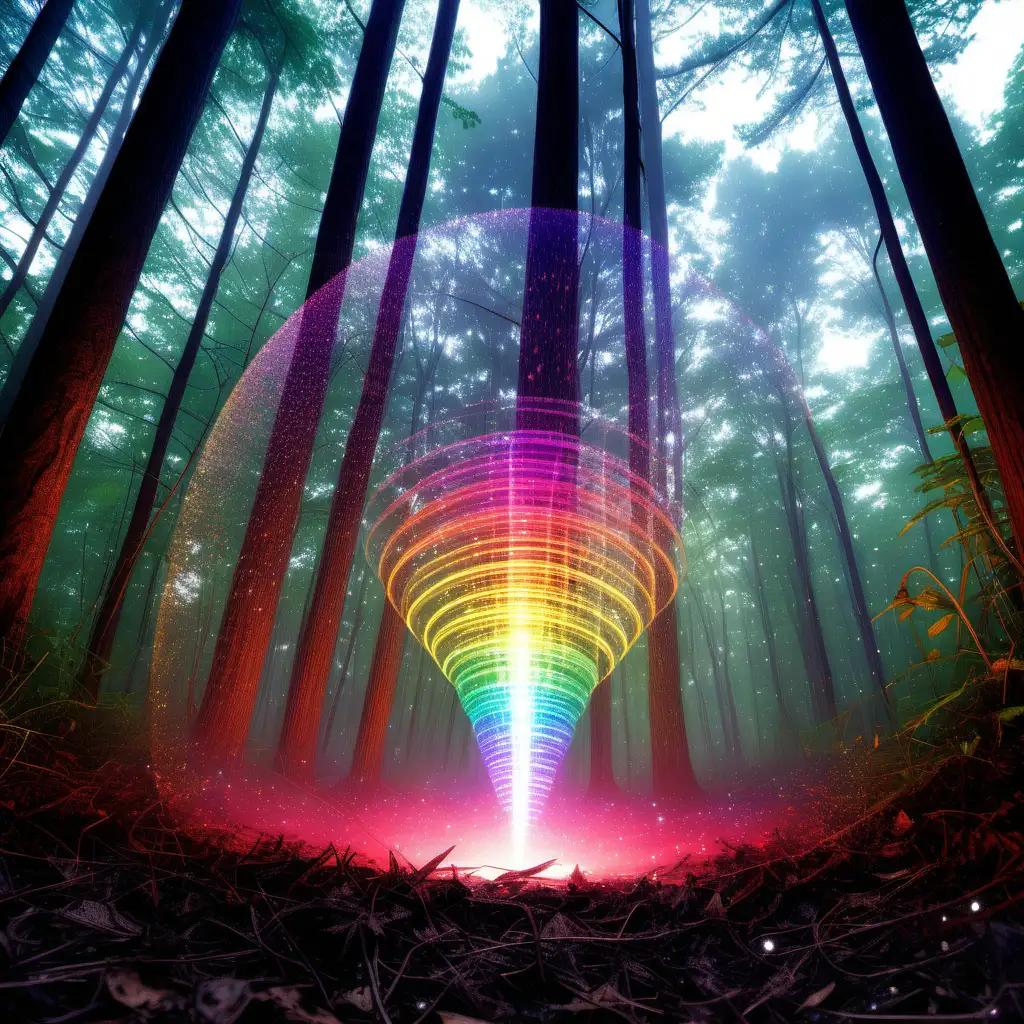 rainbow particles of light funnel from the forest floor rising to the sky and beyond