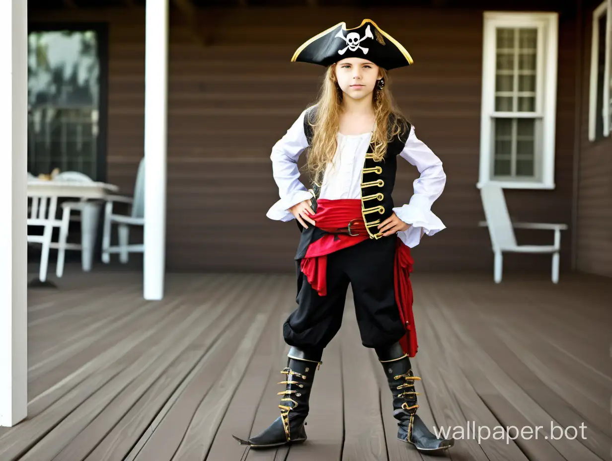 girl pirate 12 years old in full growth on the deck