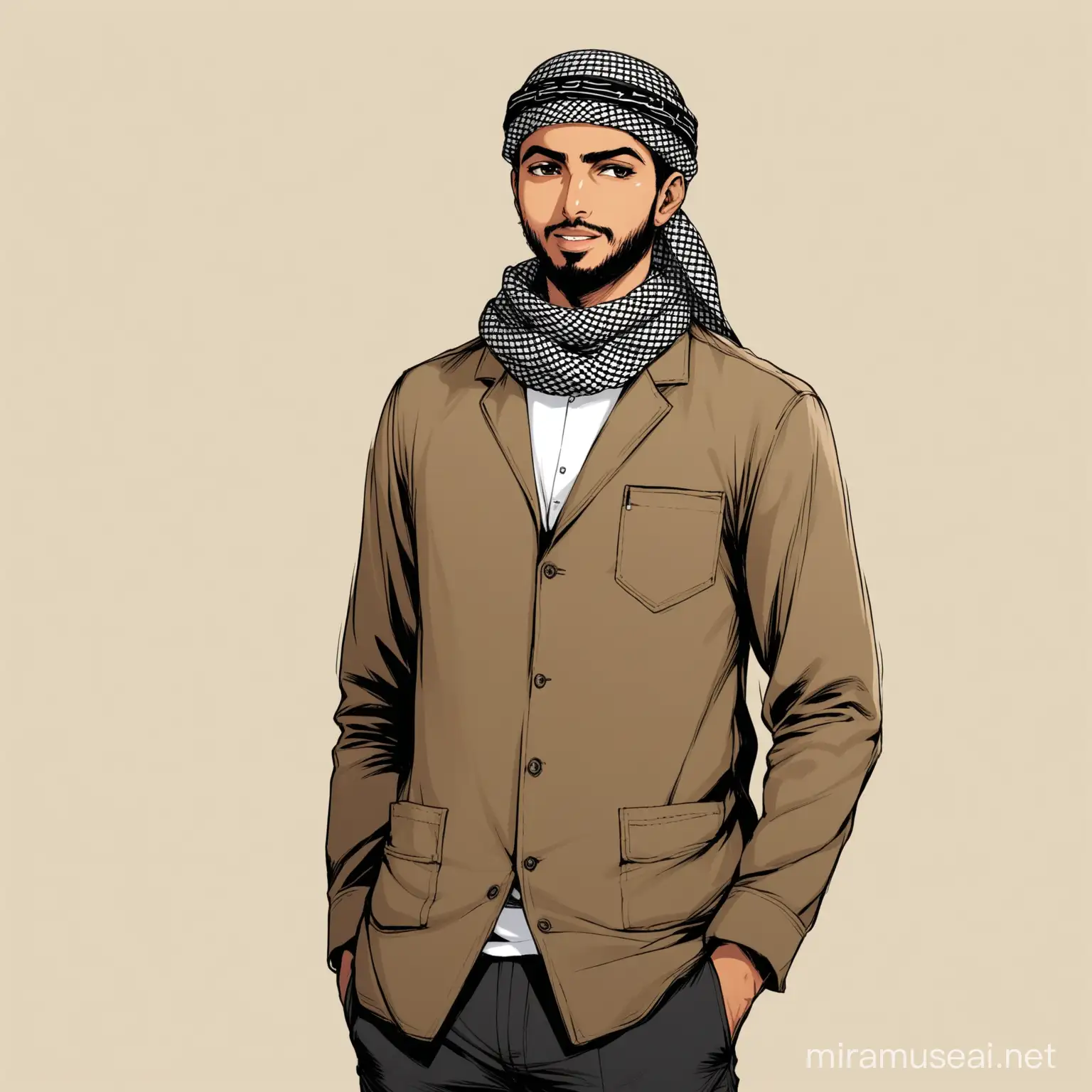 a muslim guy wearing a keffiyeh over this face looking to the right with this hands in his pocket dressed in a cool way 