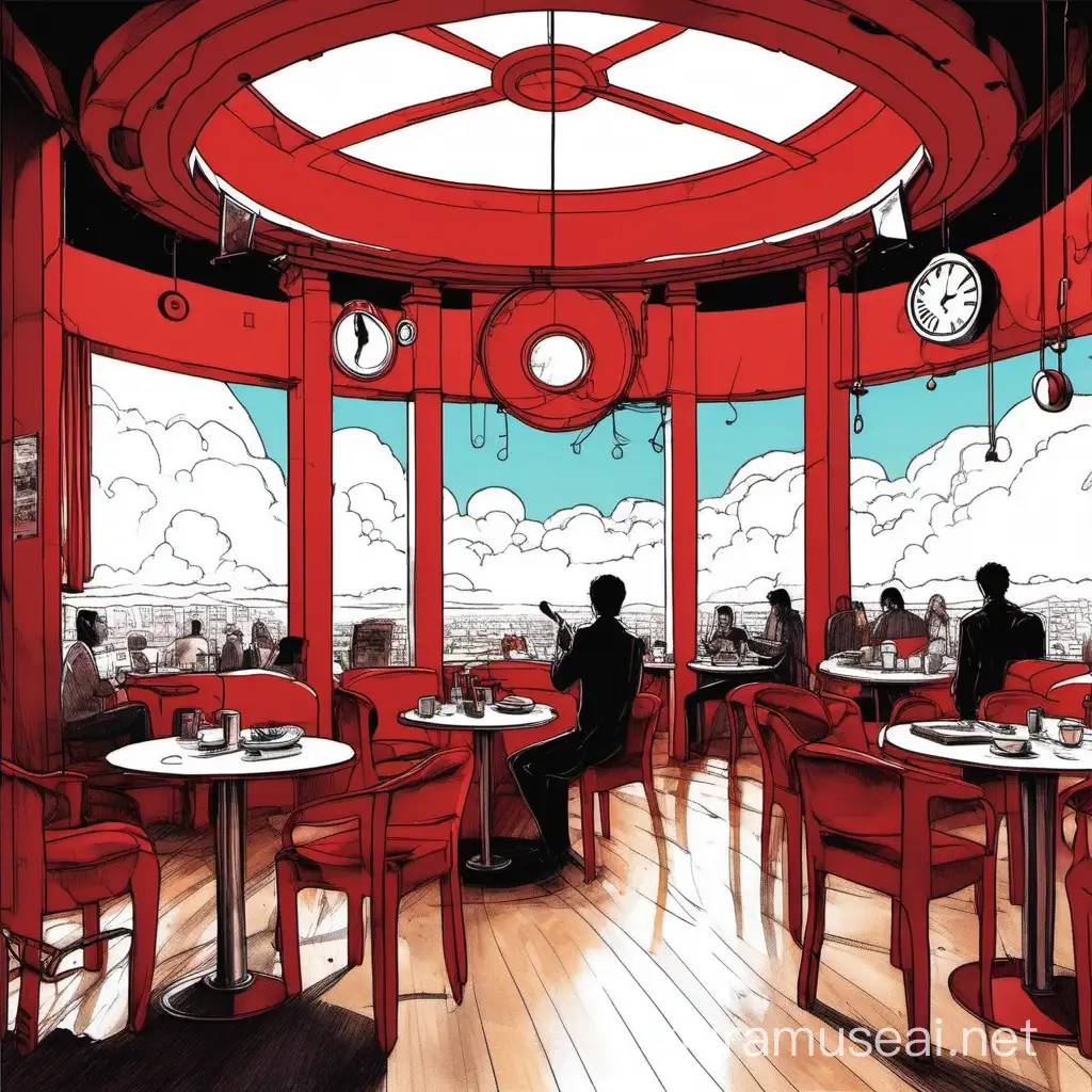 I am in the middle of a café with a circular interior, no door, overlooking the sky, and inside there is a red band playing music