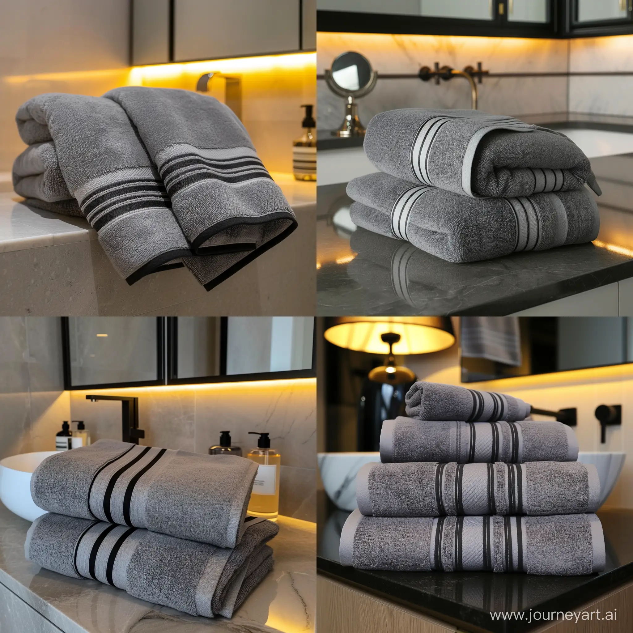 Luxurious-Designer-Bathroom-with-Gray-Bath-Towels-and-Elegant-Lighting