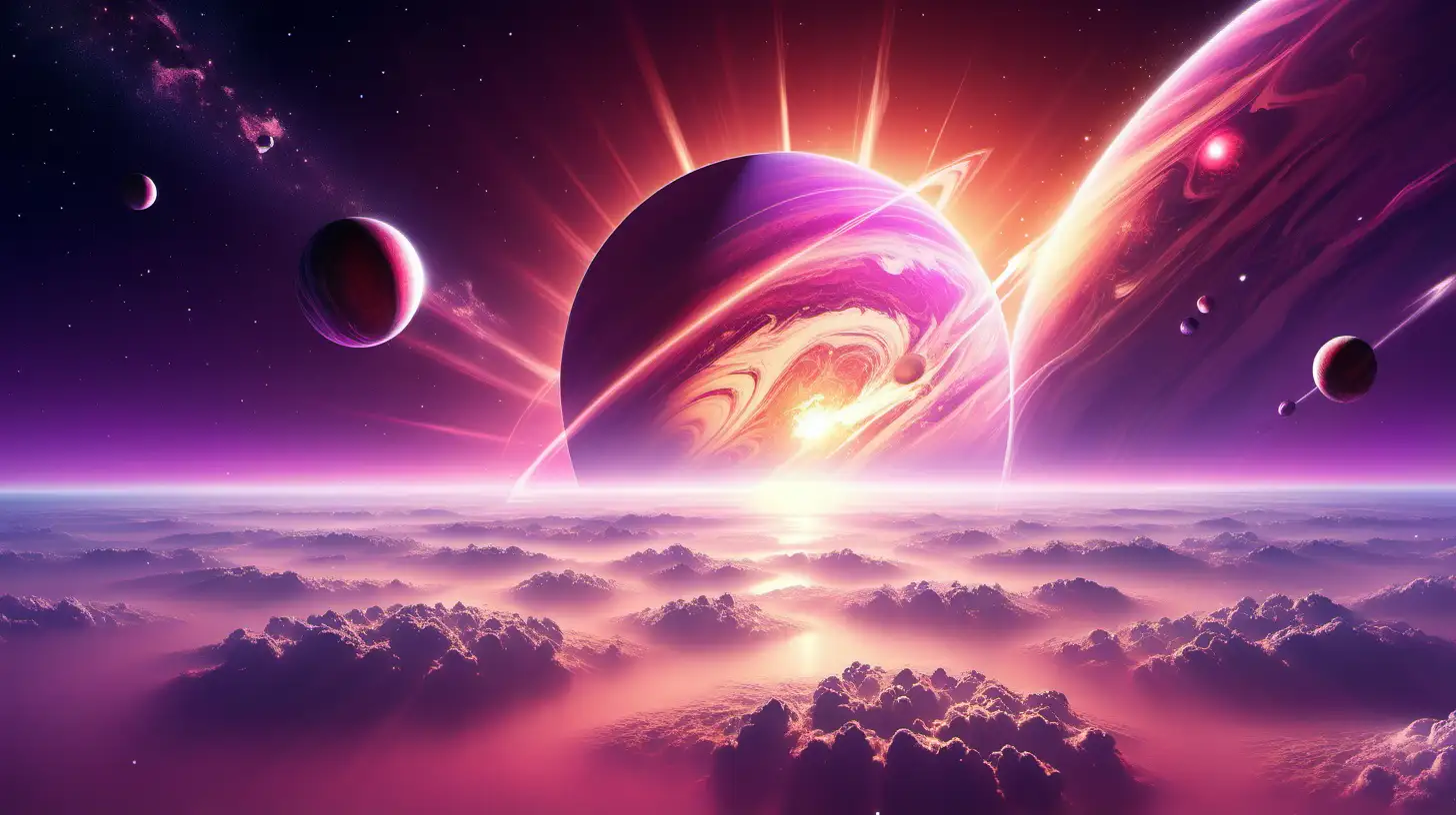 massive planets bursting out of the sky, the sky is shining bright, sunset, pink peach purple sky