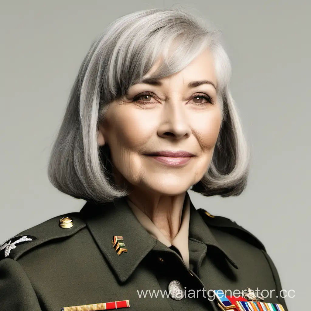  женщина в военной форме с лёгкими морщинами, серые волосы, причёска каре с прямой челкой, 