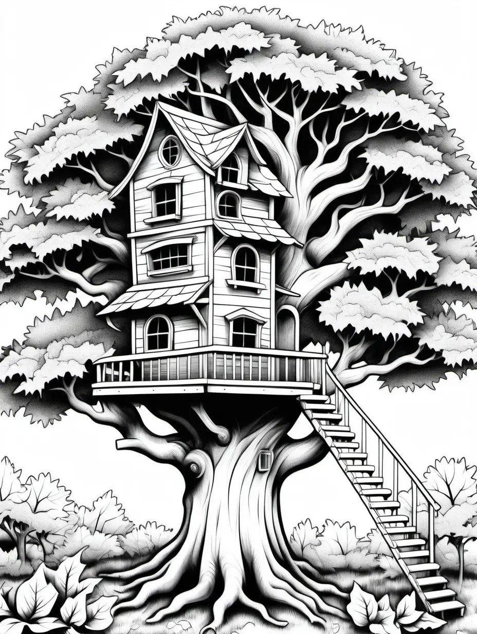 vintage tree house in oak tree coloring book,  individual leaves black and white, no shading, no background, thick black outline