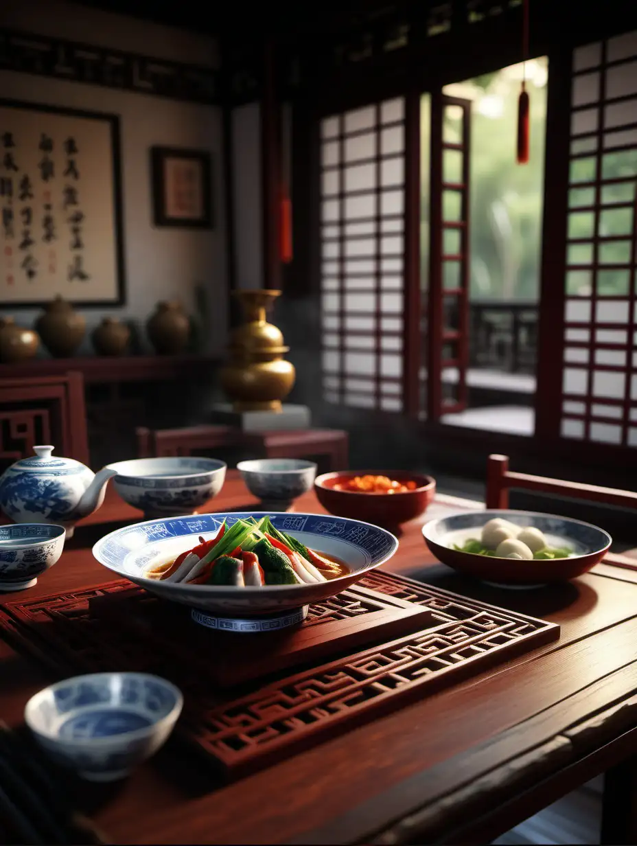 Exquisite Yeesangba Chinese Dish Display in a Traditional Setting with Cinematic Lighting