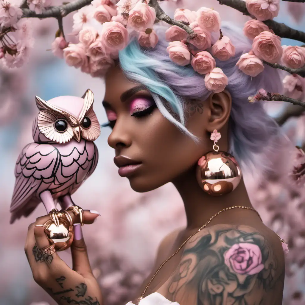 light black model has beautiful pastel color hair with flowers that fade into the hair and orbs inside flowers in rose gold. She is holding a rare livinig owl that is in beautiful colors he is sitting on a top that she is holding. ball earring and color tattoos in arms They is a few cherry tree blossom  that fade away in depth of field 

imitate image 