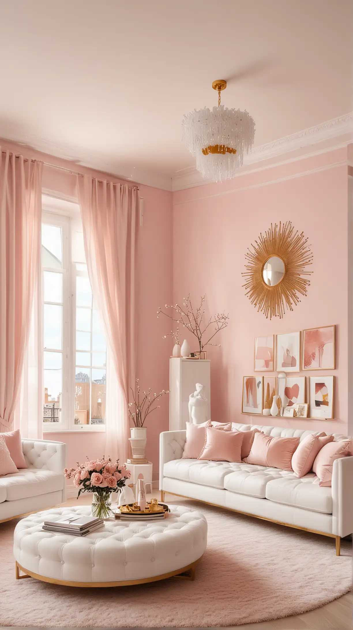 Chic and Cozy Living Room with Soft Pink Walls and Modern White Furniture