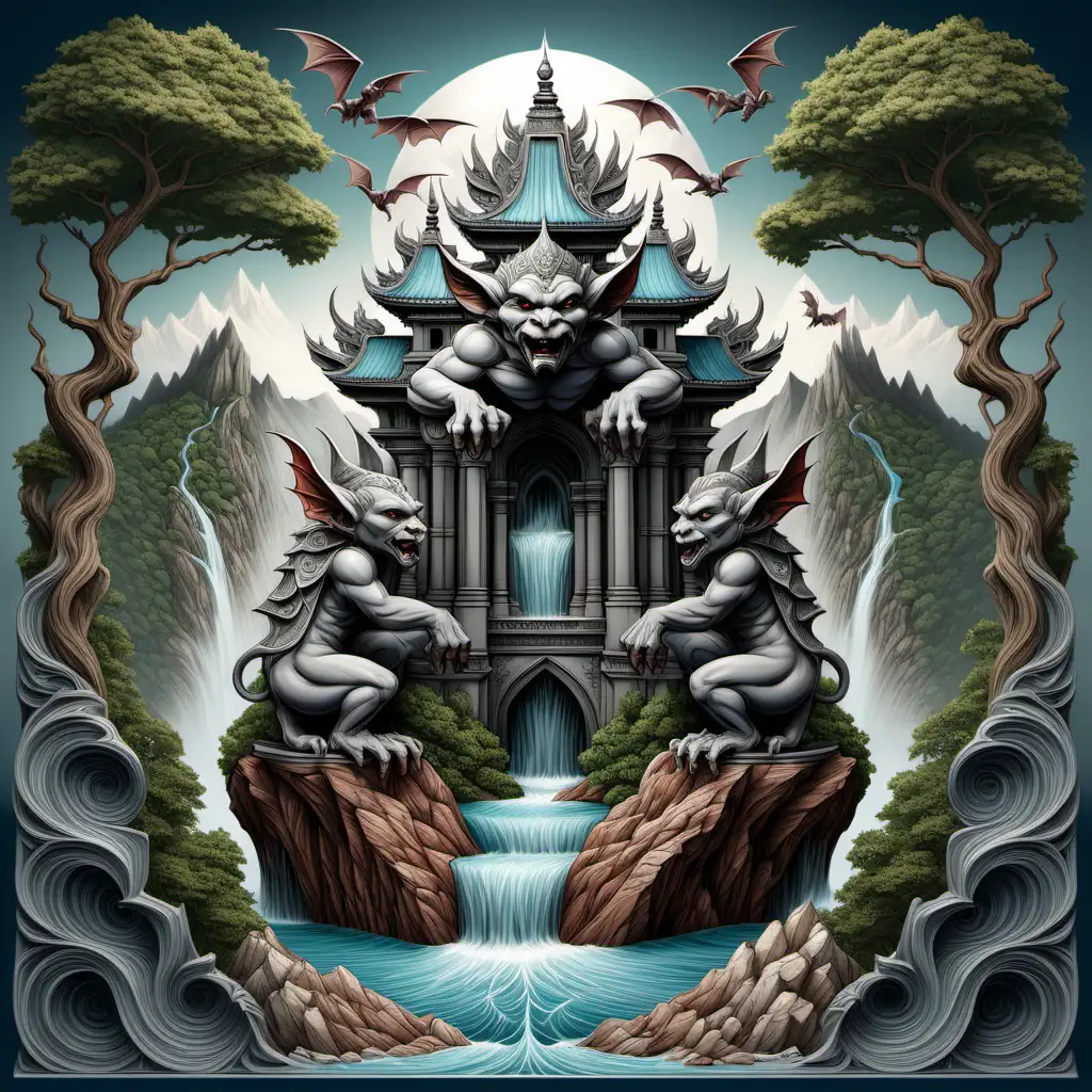 Detailed Gargoyle Mountain Landscape with Flowing Waters and Trees Mandala