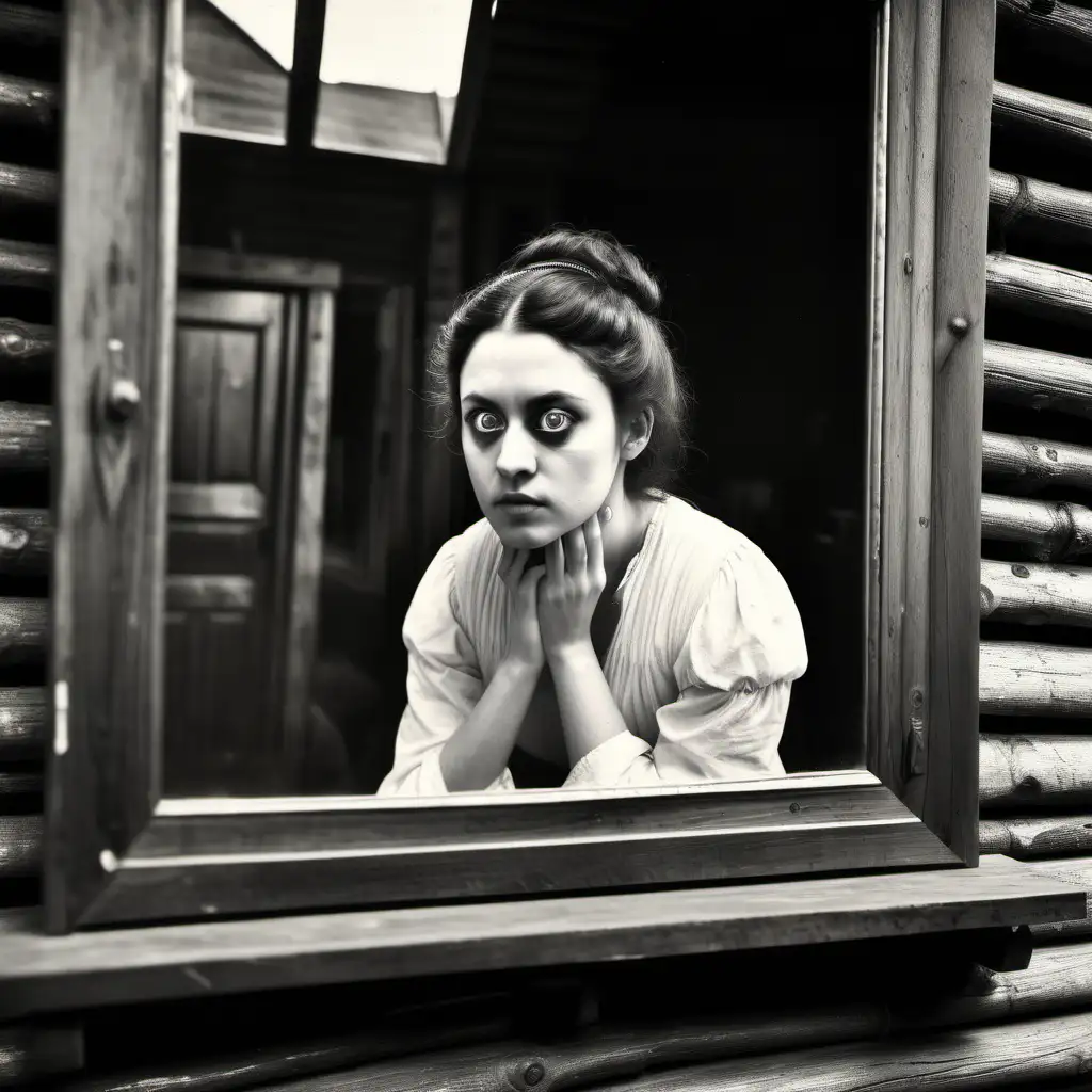 A monochromatic photograph of a woman aged 25 years old in front of a mirror looking at her reflection with dilated pupils and tension inside a wooden cabin with a window with a street view of late 1813s french market