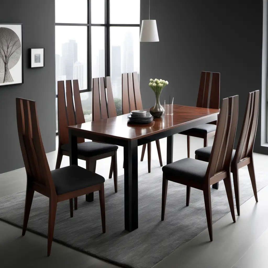 modern wood dining table and chairs with high full wooden backs and cushioned seats