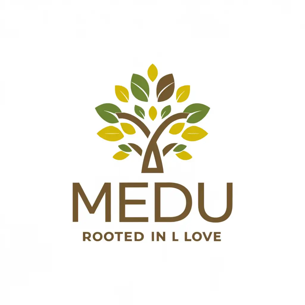 a logo design,with the text ""Medu" with slogan, "Rooted in Love"", main symbol:tree with sunlight behind,Moderate,be used in Religious industry,clear background