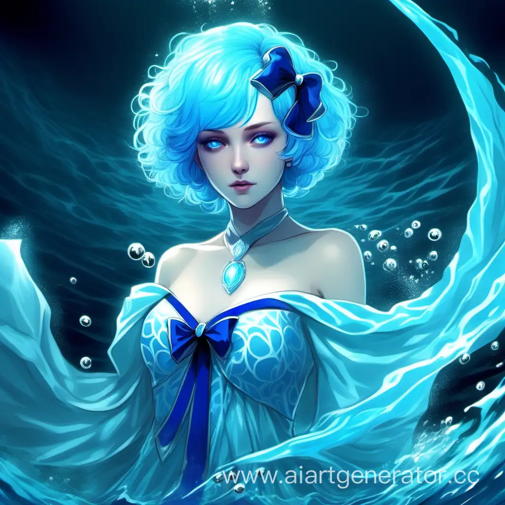 Girl, with bright short glowing neon blue hair, bright neon blue eyes, pale skin, blue fluffy dress with a white big bow, long blue shoulder-length gloves, bare shoulders, blue patterned stockings, floor-length water blue glowing cape, water staff, limitless seabed, water elements, shell jewelry on the head, serene wise look, scales under the eyes.