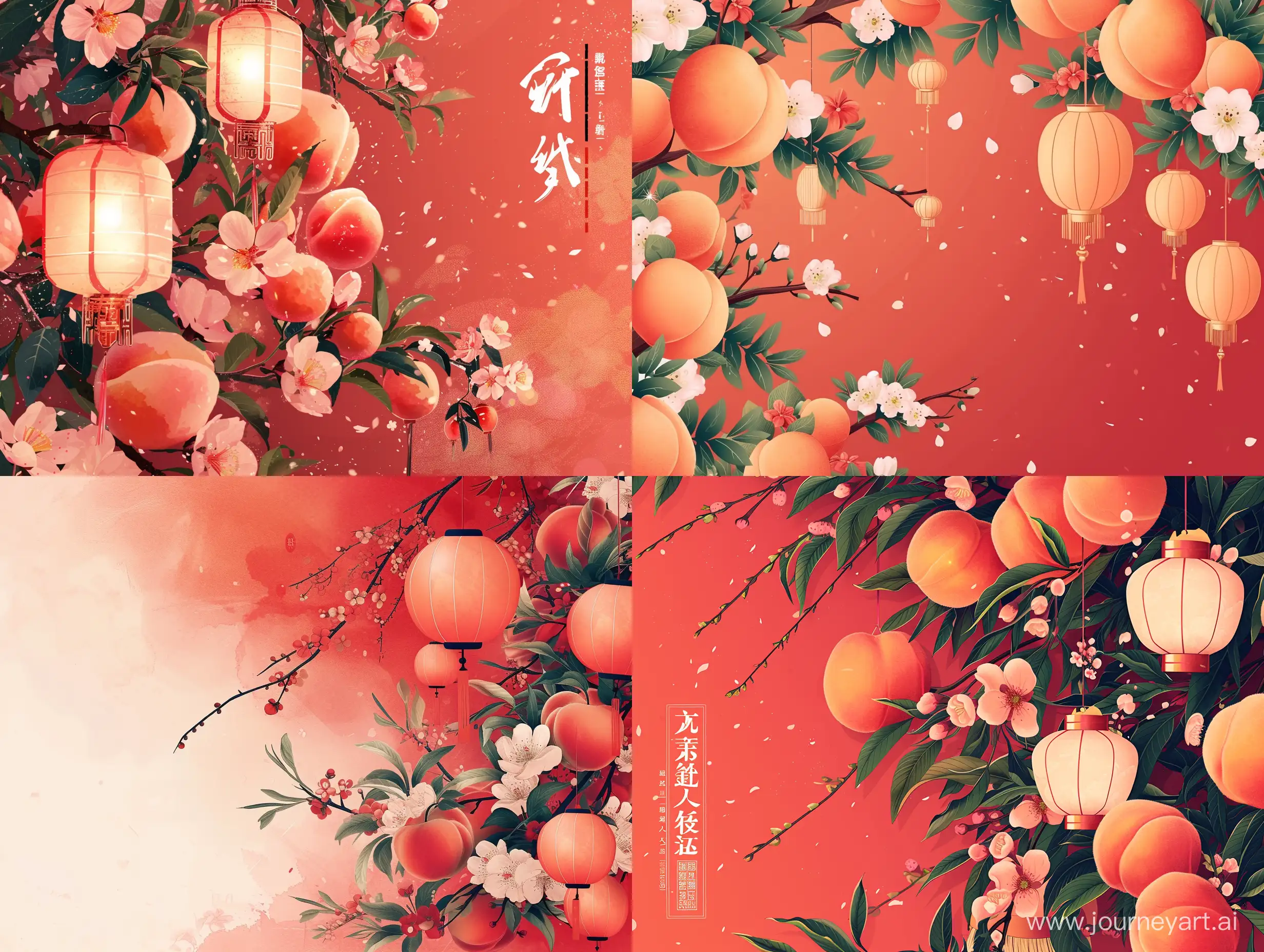 Spring Festival style poster, highlighting the festive and lively atmosphere of the new year, in line with Chinese traditional style, simple and atmospheric, featuring peach blossoms, lanterns, with a background of Chinese red. --v 6 --ar 4:3 --no 35229