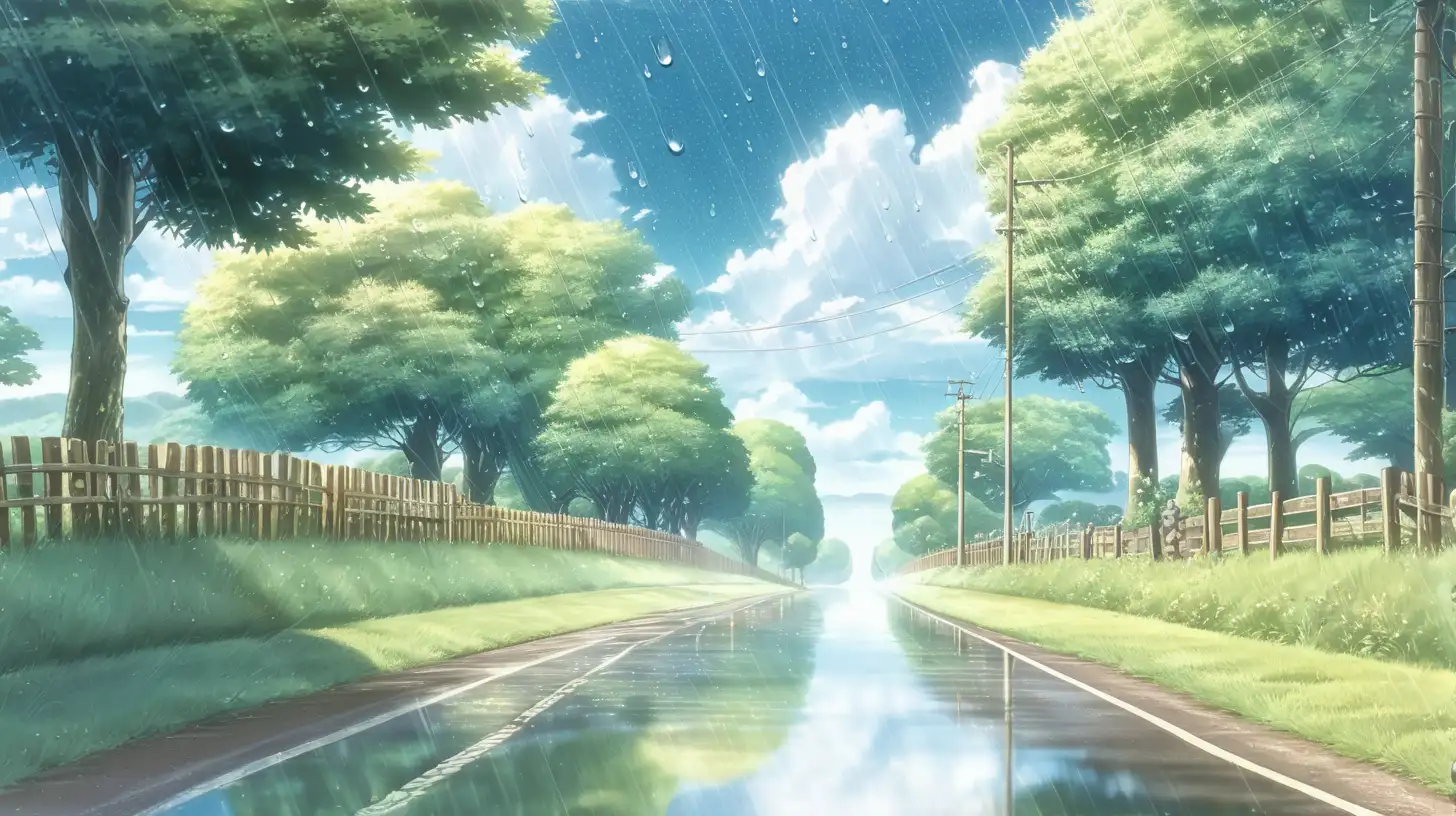 Loli Beauty on Country Road Summer Raindrops Anime Illustration