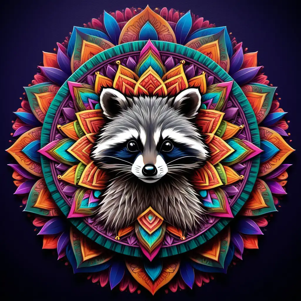 Colorful Mandala with Playful Raccoon Vibrant Wildlife Art