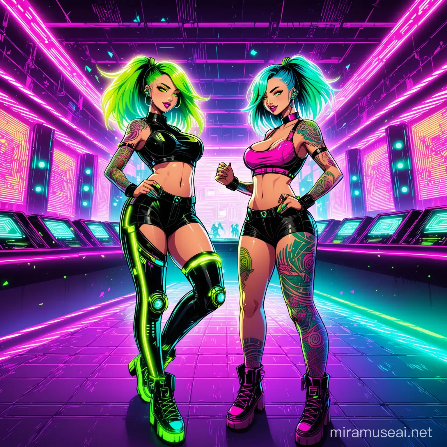 crea fantasy cartone animato cyberpunk con colori fluo fucsia, giallo,blu e verde. Due ragazze bellissime,  meravigliose e tatuate ballano in discoteca. locale cyberpunk