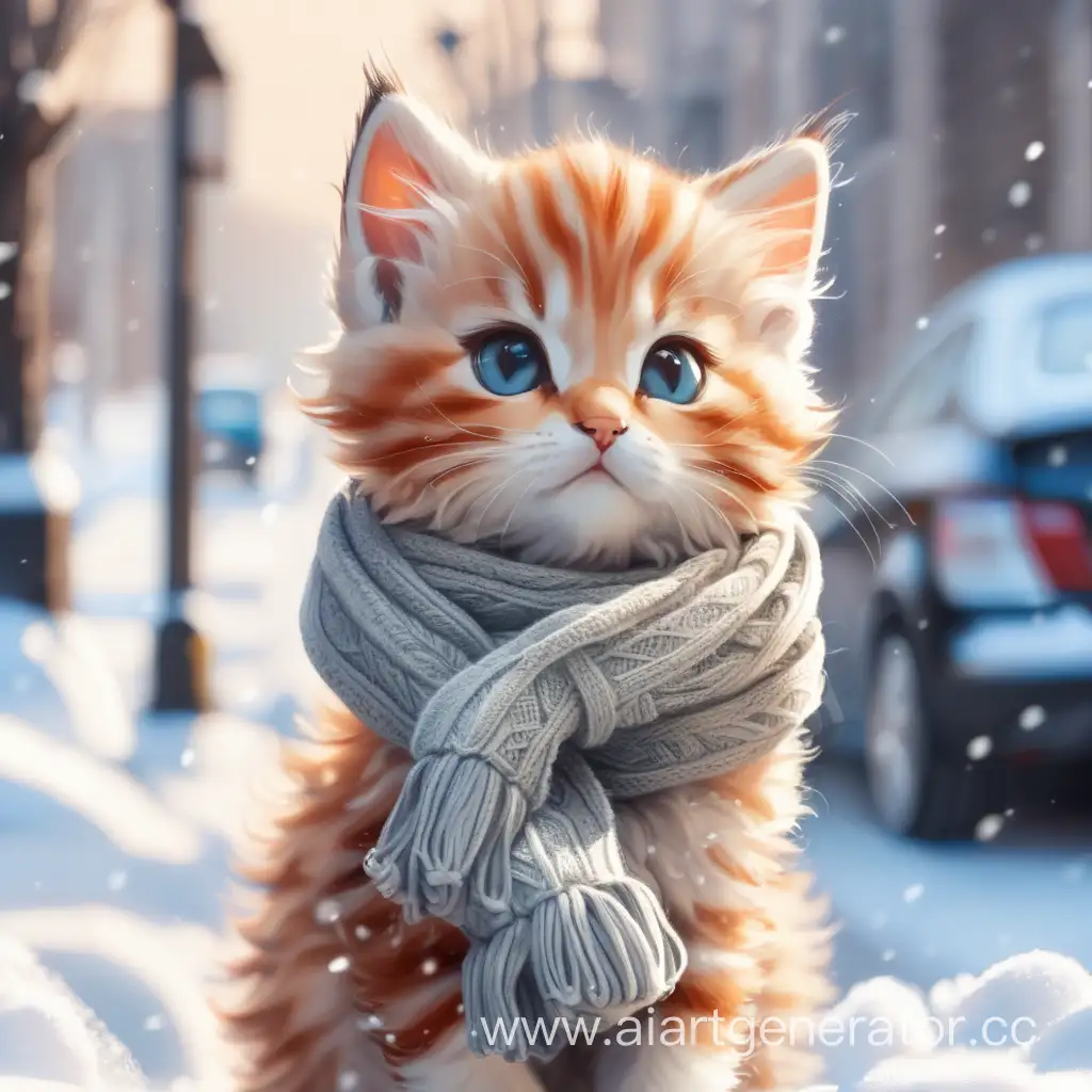 Adorable-Winter-Scene-StreetWandering-Kitten-Wrapped-in-a-Cozy-Scarf