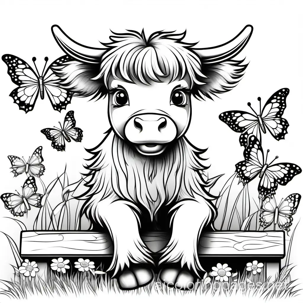 Cute baby Highland  calf cow  big flirty eyes long hair with big hair bows sitting on a bench with flowers in the grass surrounded by butterflies border cartoon coloring line drawing, Coloring Page, black and white, line art, white background, Simplicity, Ample White Space. The background of the coloring page is plain white to make it easy for young children to color within the lines. The outlines of all the subjects are easy to distinguish, making it simple for kids to color without too much difficulty