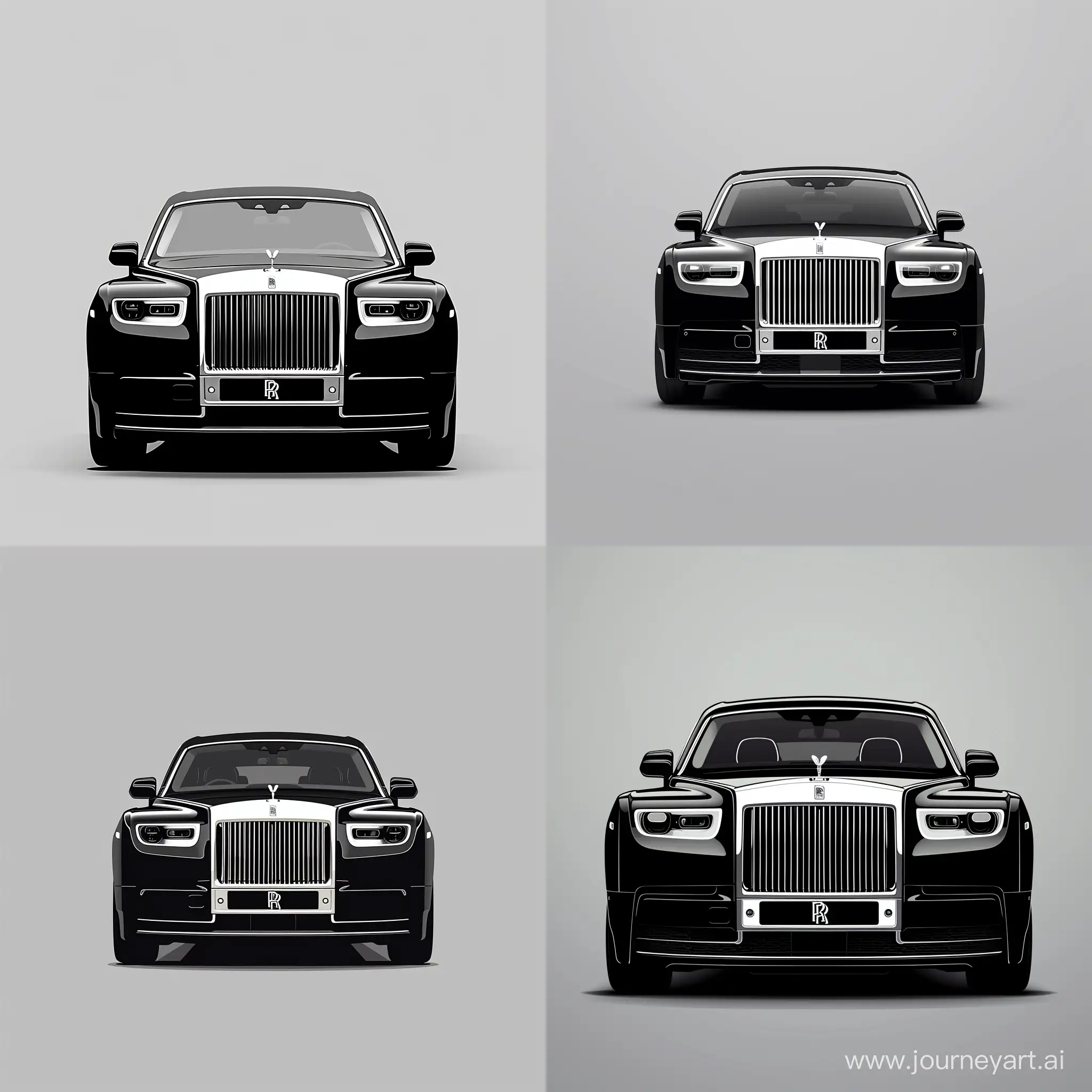 Minimalism  Vector Art Car of Front View, RollsRoyce Phantom: Black Body Color & White Body Details, Simple Gray Background, Affinity Designer Software, High Precision