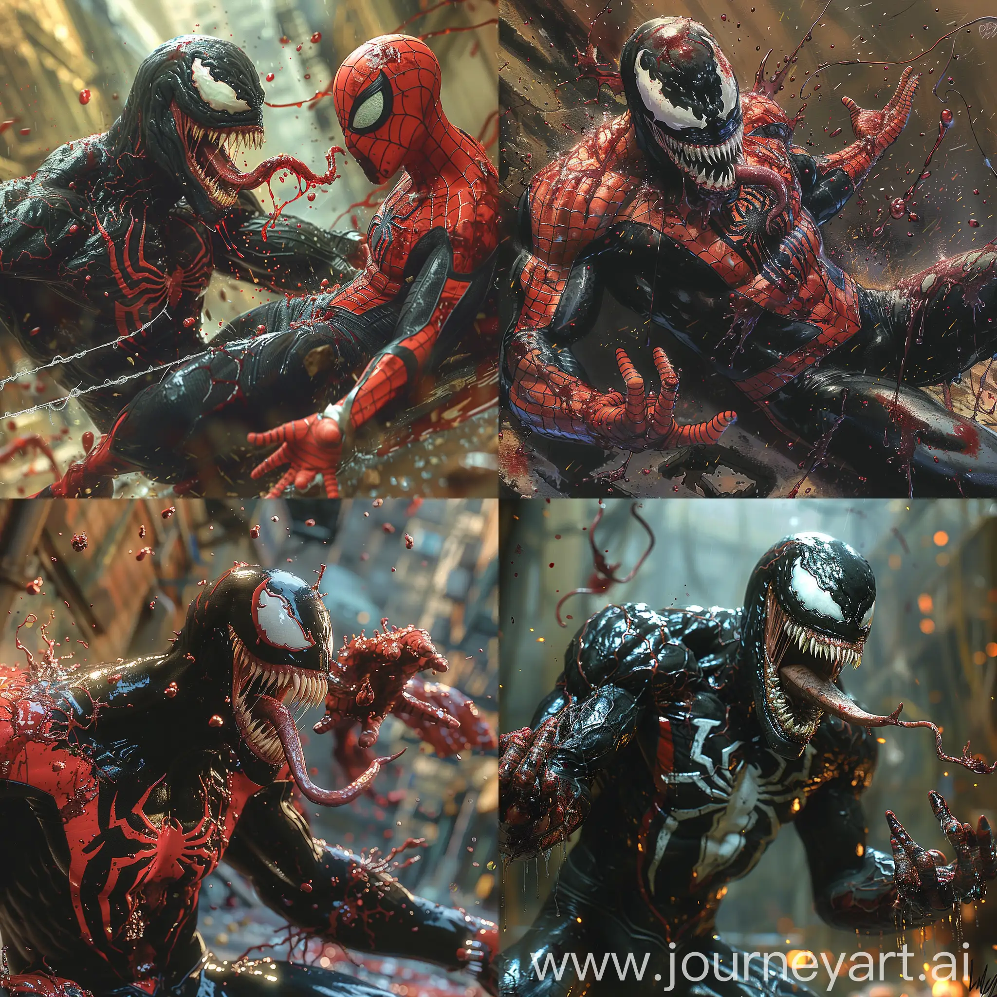  Intense final battle scene, Venom's muscular arms gripping a floating Spider-Man who struggles to escape, venom covered with blood tension palpable, environment drenched in bloody splatters denoting chaos and struggle, sinister and dramatic atmosphere --ar 1:1 --s 700 --c 15 --v 6