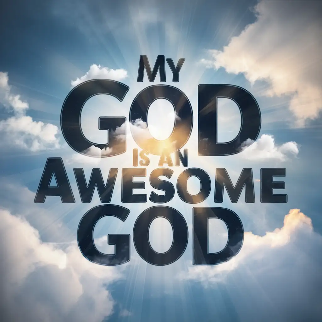 The words “My God Is An Awesome God” with clouds in the background, surrounded by a soft blue light background 