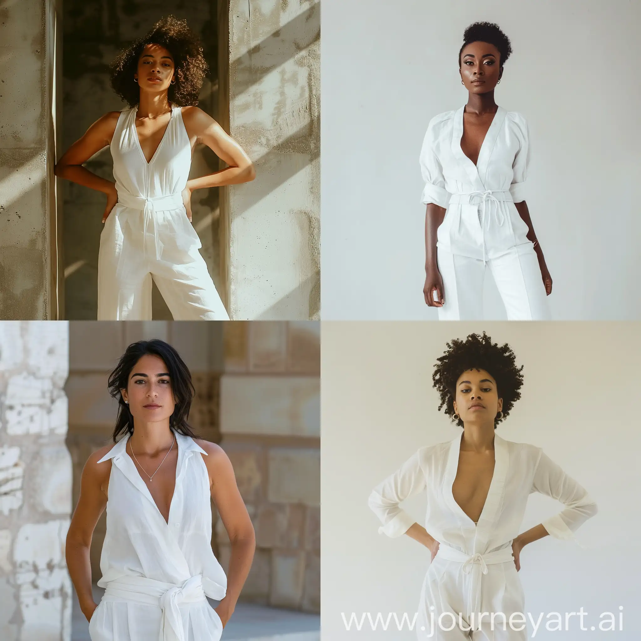 An elegant woman standing wearing white clothes, olive skin tone. --sref https://i.pinimg.com/564x/94/ba/c6/94bac61839c2060bfb755b733c118b65.jpg --style raw --ar 4:7 --v 6
