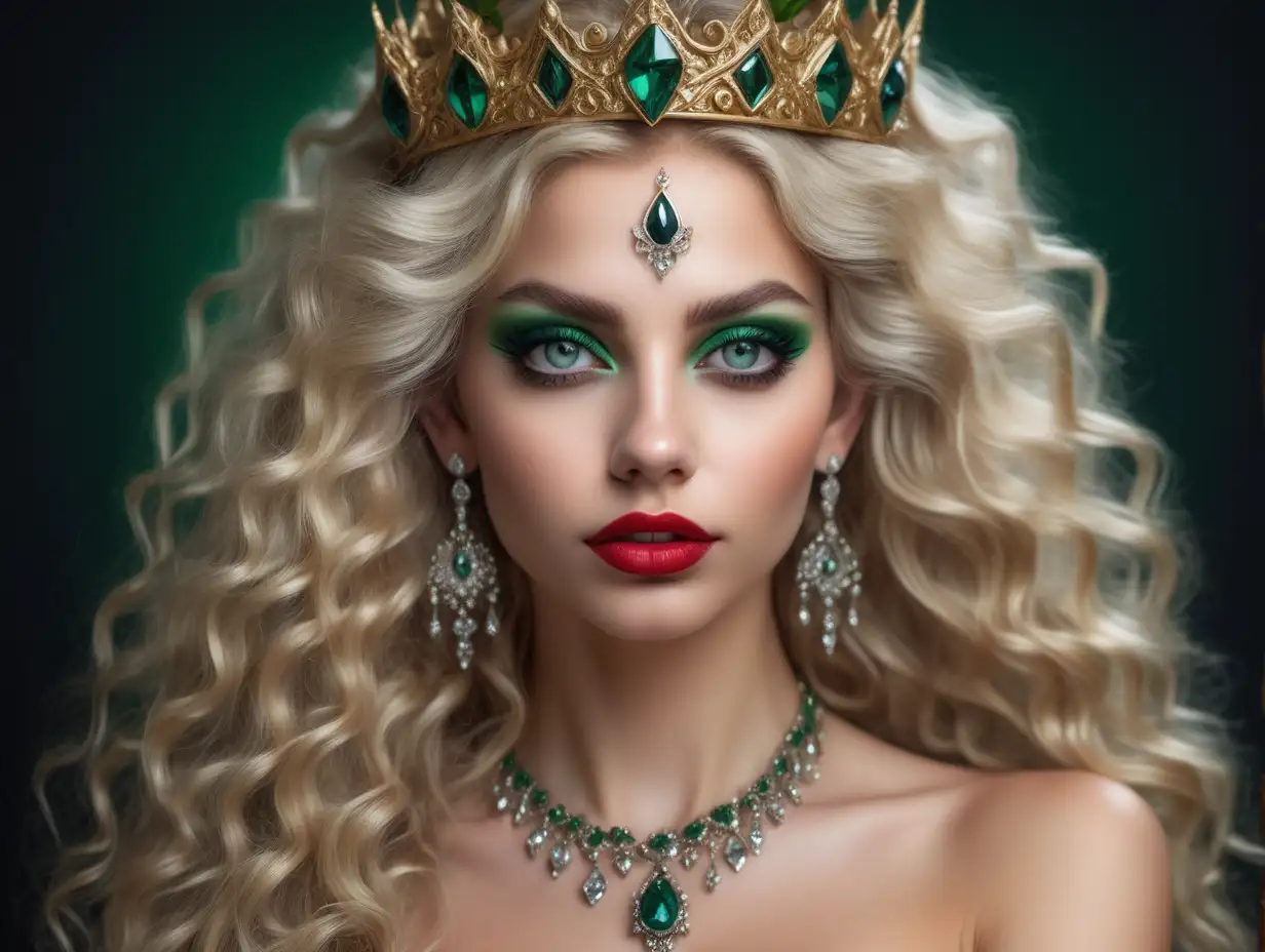 closeup portrait of a woman, long open curly blonde hair, eyes radiating knowledge, yogini, gothic eyes, thorn crown, diamond earrings, beautiful eyes with eyeshadow and bottle green eyeliner, red glossy lips, diamond ring in her finger, ultra realistic skin texture and details, photorealistic 
