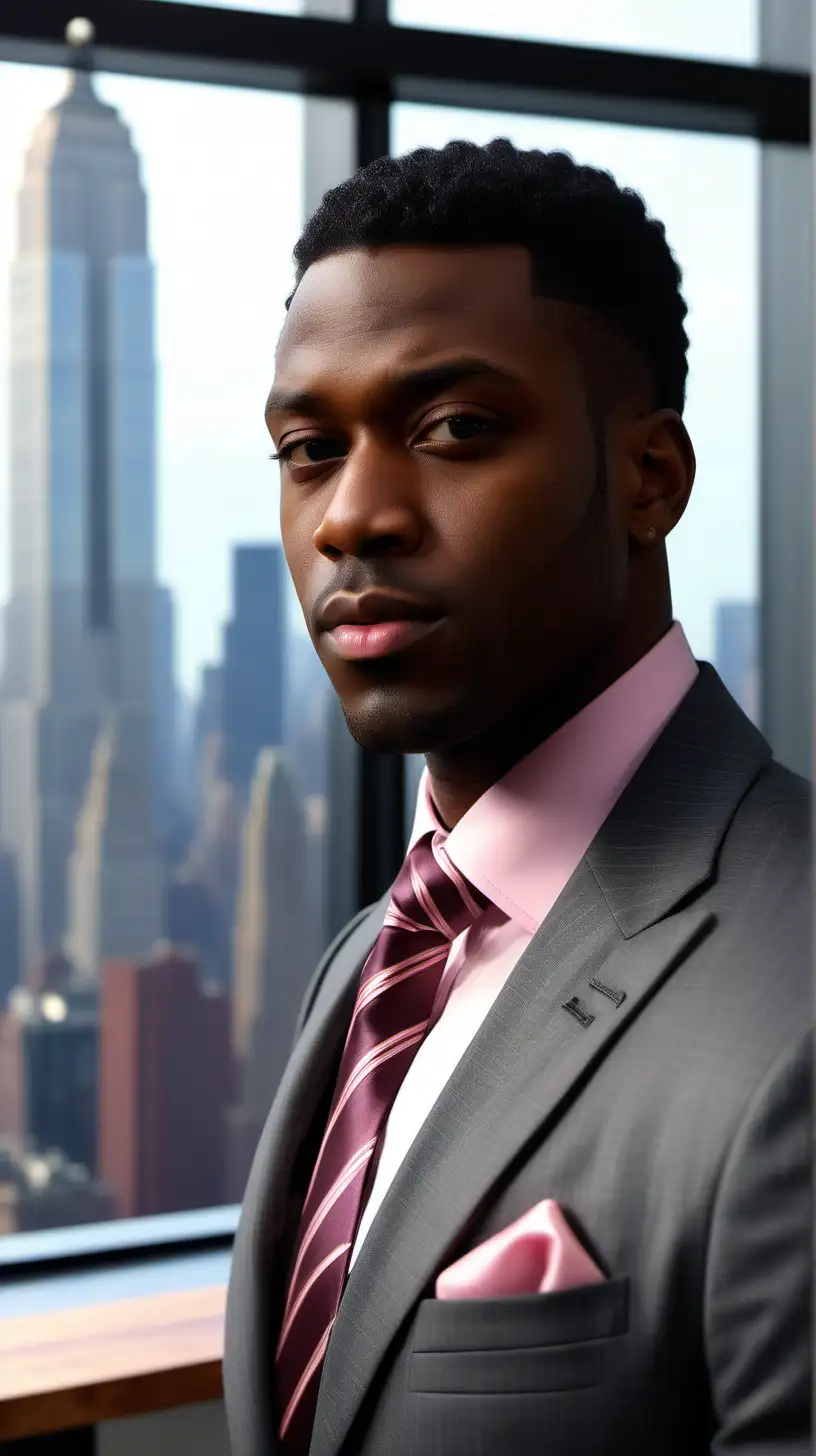 Close up view Handsome, Black man, wearing Black, low fade hairstyle, wearing a Grey wool, Double breasted suit, wearing a light pink dress shirt, wearing striped neck tie, standing behind elegant, well staged cherry wood desk, looking to the left, afternoon time of day, large office windows in the background overlooking New York, Ultra4k, High Definition, 1080p Resolution, Light is volumetric