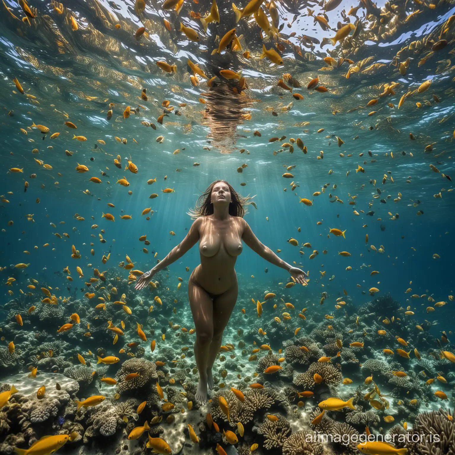 a photo of a nude swimmer taken from below, she is plump with very generous curves, the photo is taken underwater in the Indian Ocean with many fish of different colors: yellow fish, blue fish, orange fish, green fish, red fish, presence of coral and algae, sea anemones