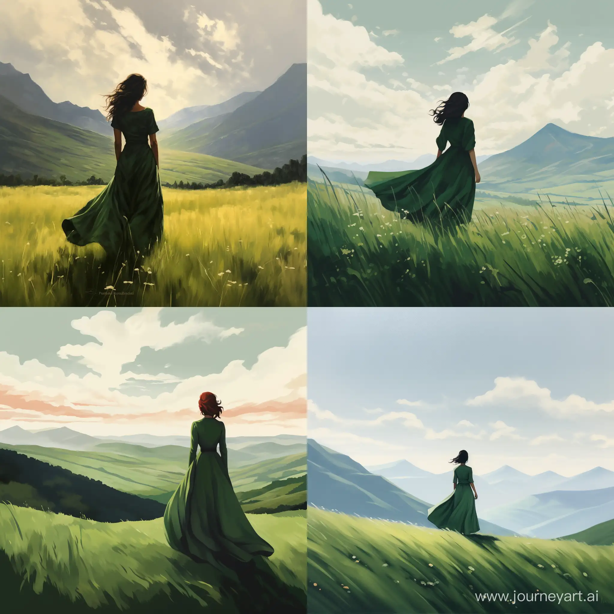 Silhouetted-Woman-in-Flowing-Dress-Amidst-Verdant-Mountains