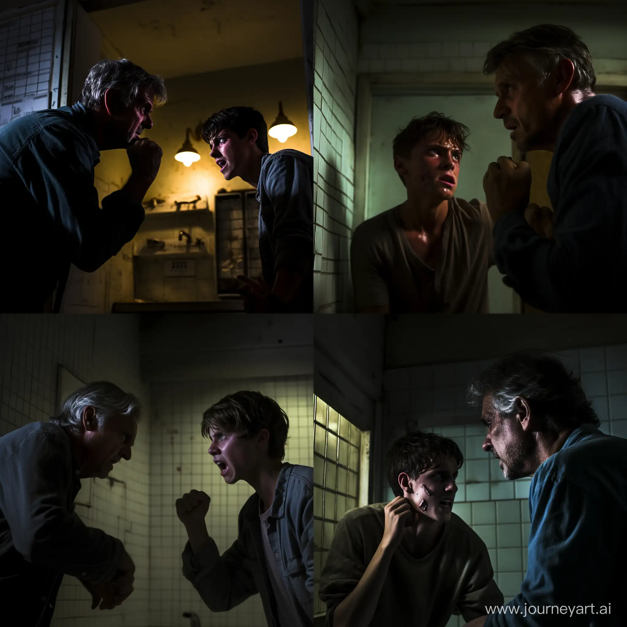 In a dimly lit bathroom, a father looms over his teenager son , forcefully pressing him against a wall. The father raised fist and threatening to hit the son. Frame the scene from a side view, slightly behind the confrontation, Use lighting and composition to heighten the drama and tension in the atmosphere. there is 2 of them - a father and son 