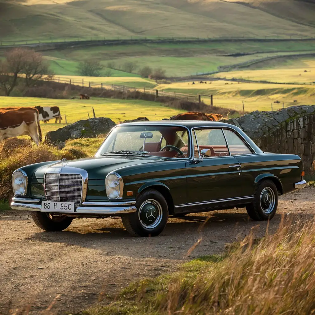 1970 Mercedes Benz 250C 2 door, coupe, dark green, in Sussex countryside, in style of Constable painting.