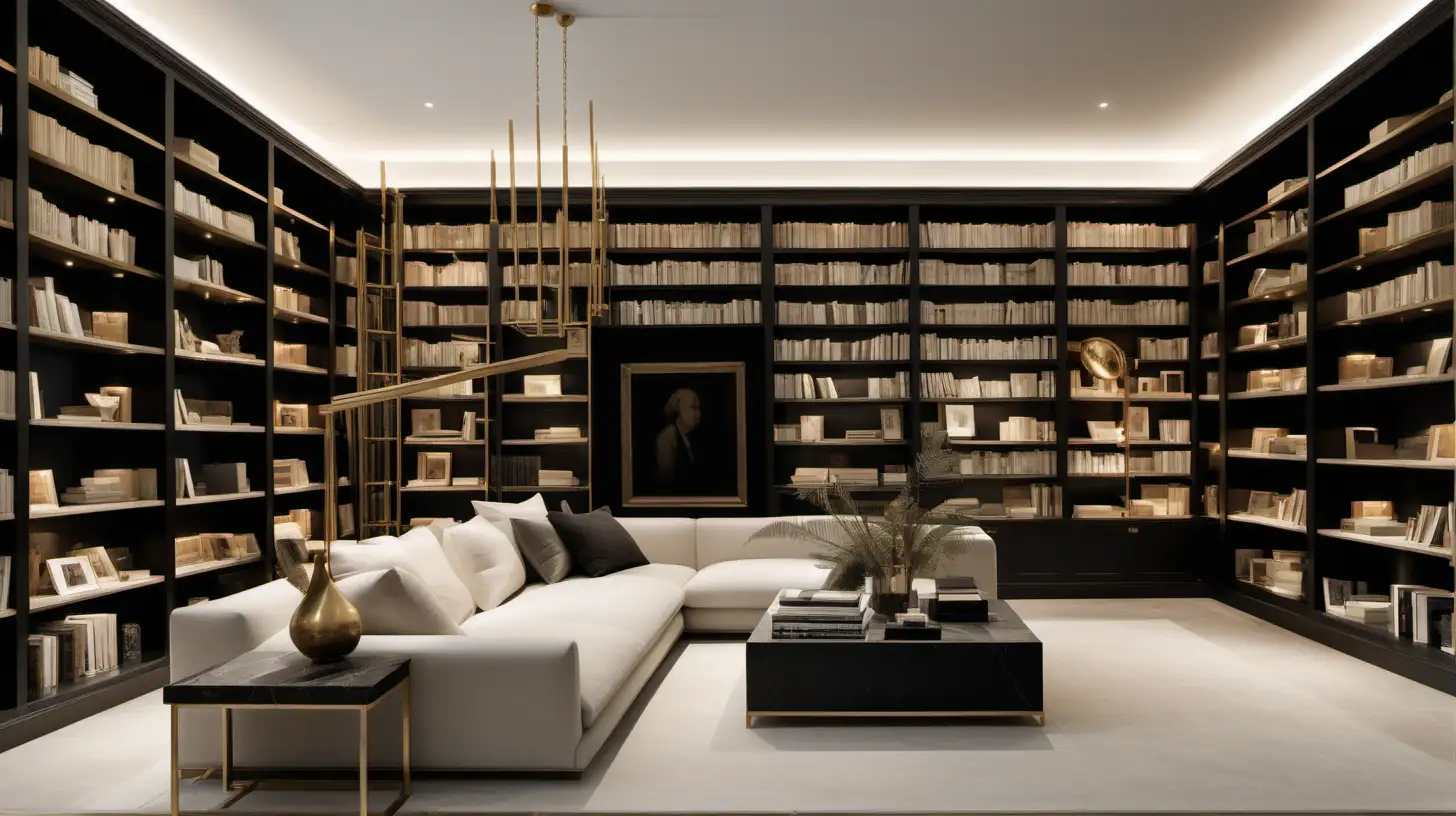 classic contemporary large Minimalist home library; beige, black accents; blonde oak;  limestone; brass lighting; ample lighting