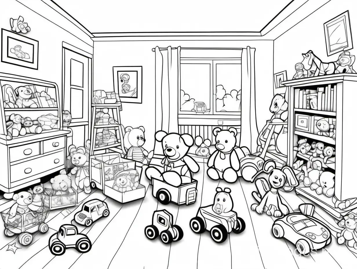 room full of toys, Coloring Page, black and white, line art, white background, Simplicity, Ample White Space. The background of the coloring page is plain white to make it easy for young children to color within the lines. The outlines of all the subjects are easy to distinguish, making it simple for kids to color without too much difficulty