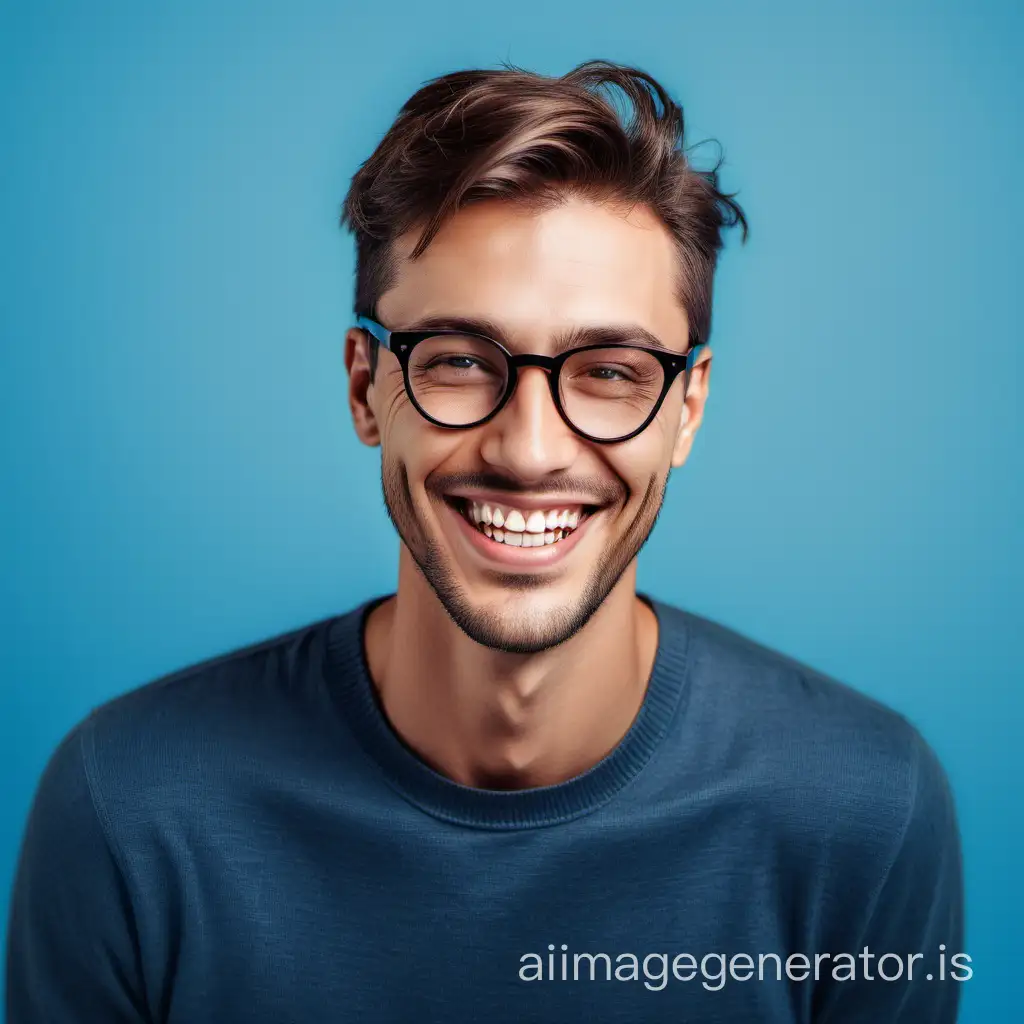 Фото красивого мужчины в очках с ровными зубами, он улыбается и смотрит в камеру на голубом фоне. Реализм