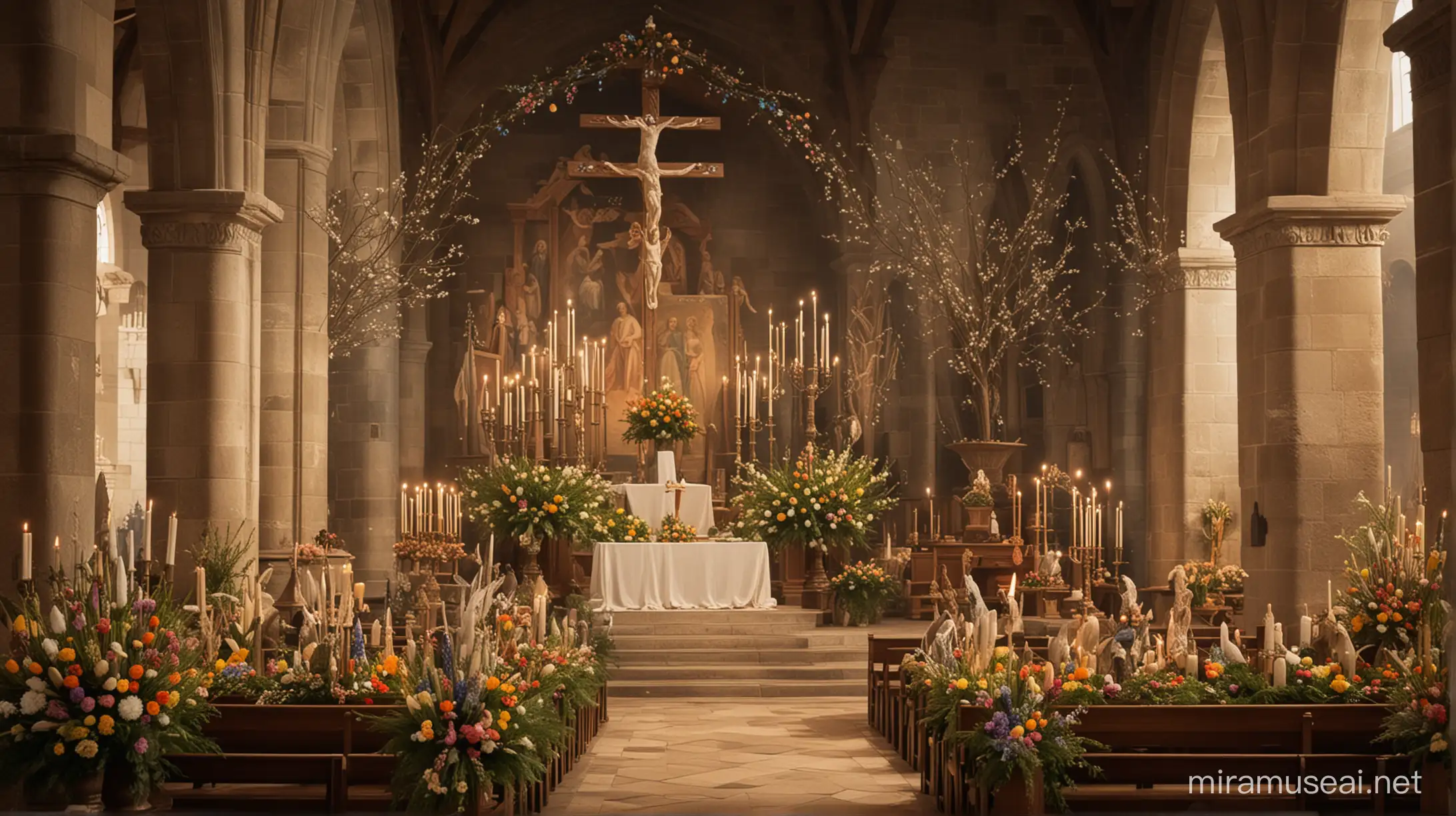 Generate an image depicting Christians worshipping in a church adorned with Easter decorations, juxtaposed with historical imagery of pagan rituals honoring the fertility goddess Eostre.