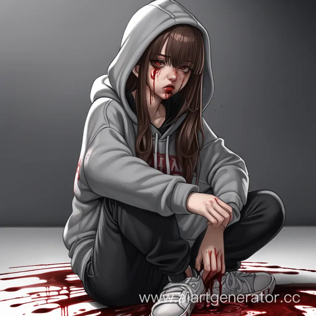 Mysterious-Girl-in-Gray-Hoodie-with-BloodStreaked-Face