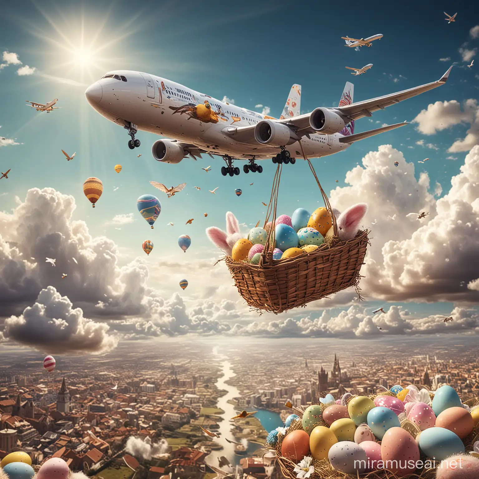 A photorealistic image combining flight travel and Easter themes
