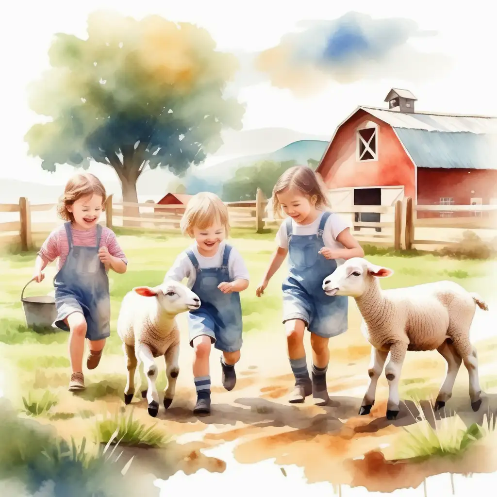 Joyful Farm Play Children Interacting with Young Animals in Watercolor Style