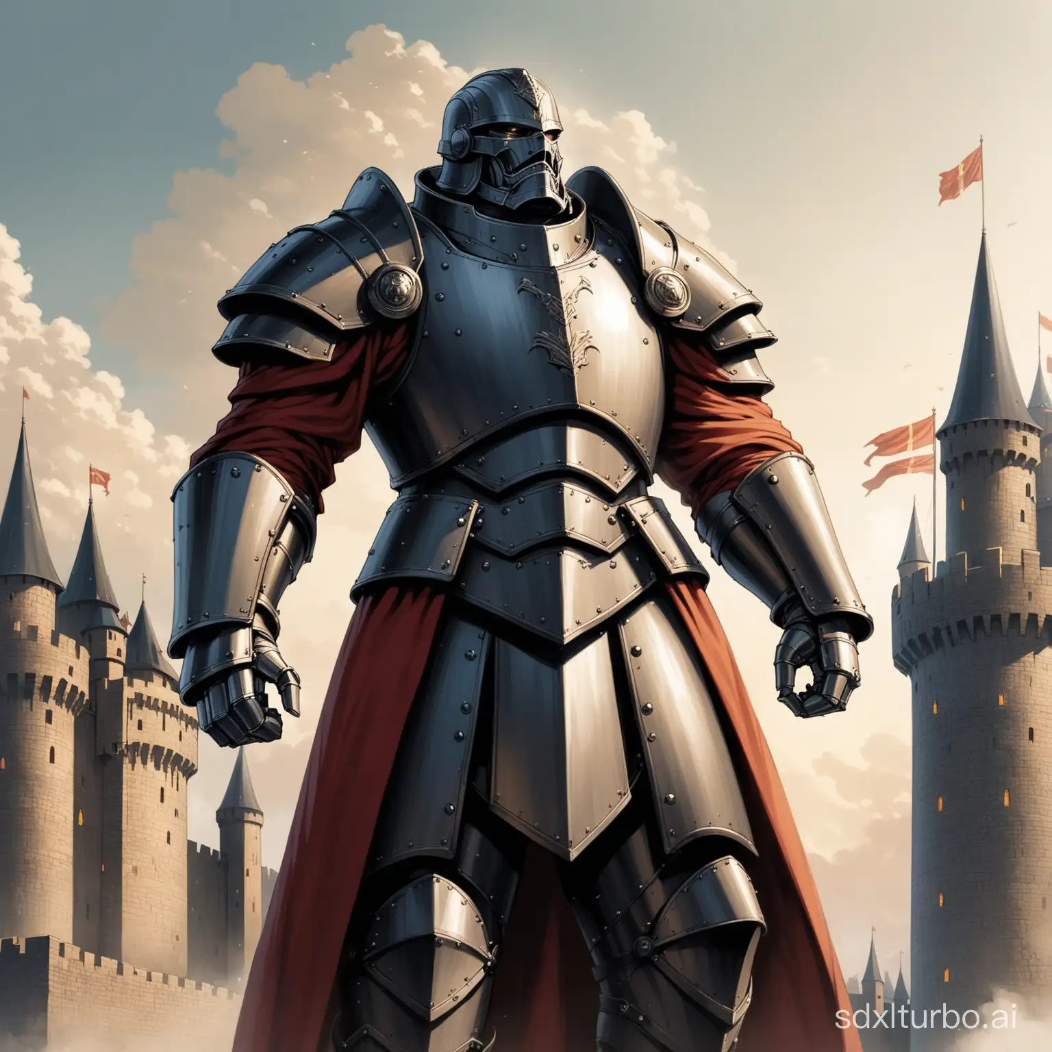 The iron general, imposing and dignified, is defending the castle.