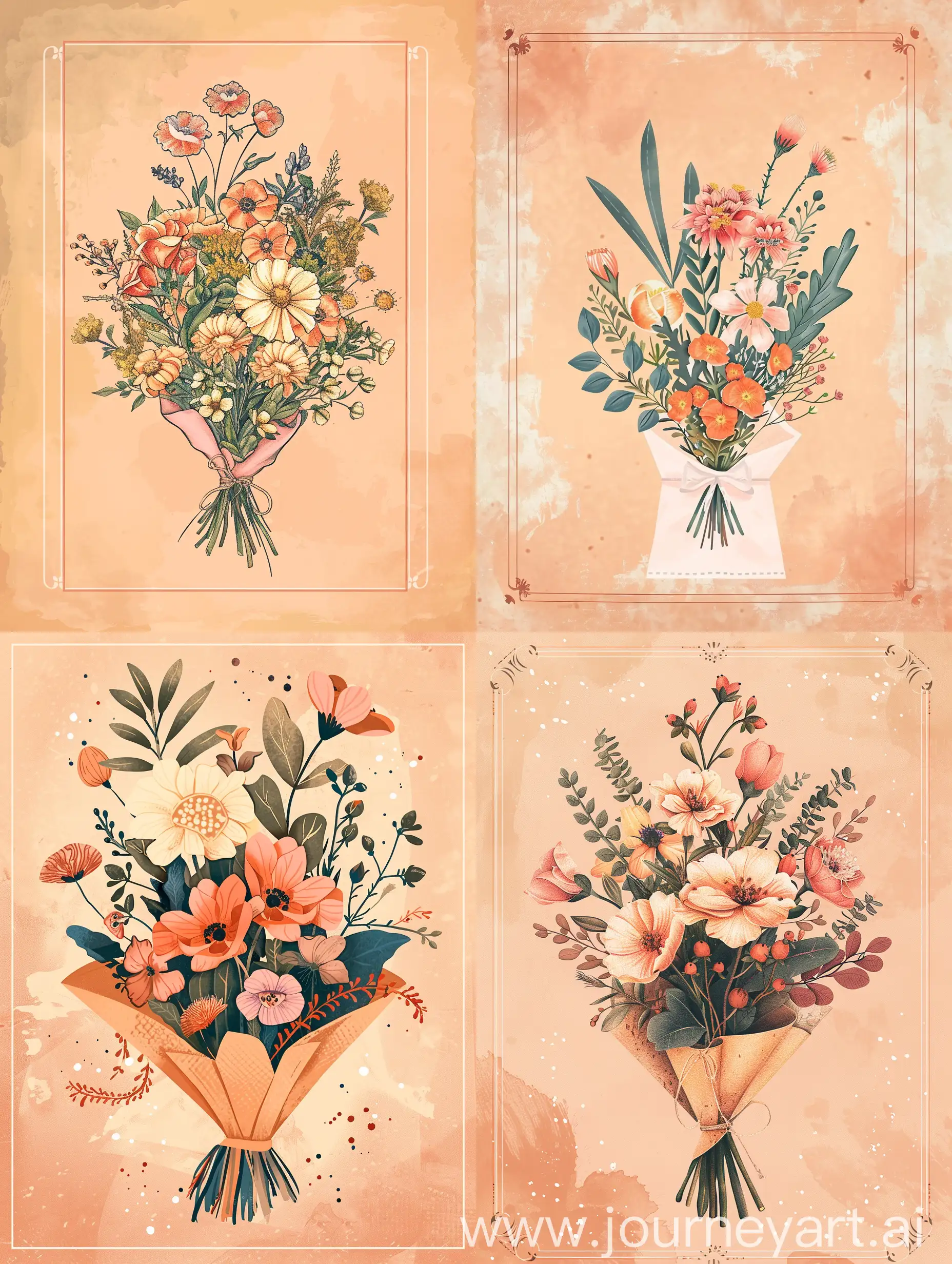 draw on the banner a bouquet of natural flowers in a package, different ornaments, without a frame, peach tone of the background, in the center a dedicated place for text framed by a flower frame, fullhd resolution examples