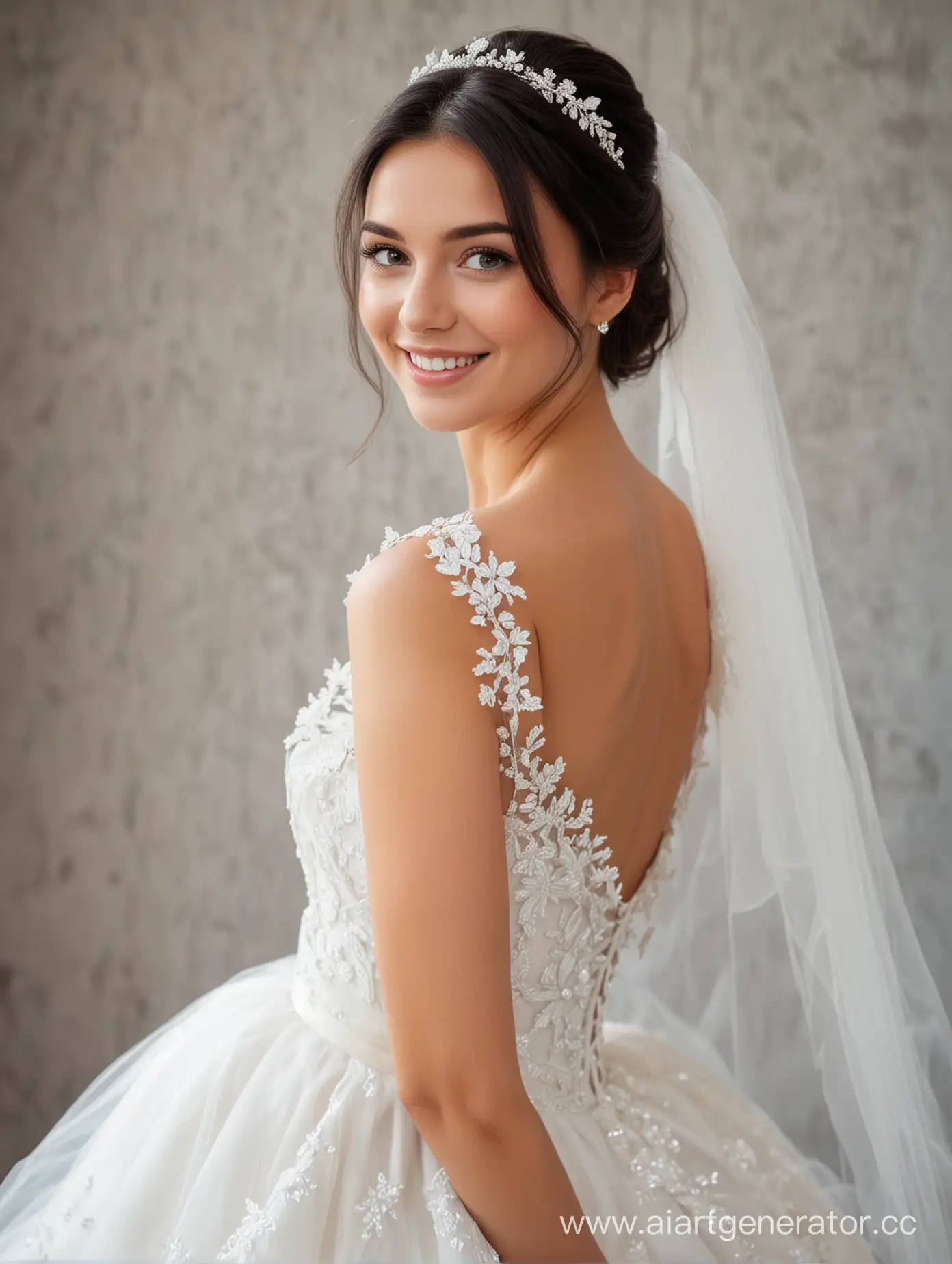 Smiling-Bride-with-Dark-Hair-in-Elegant-Wedding-Gown