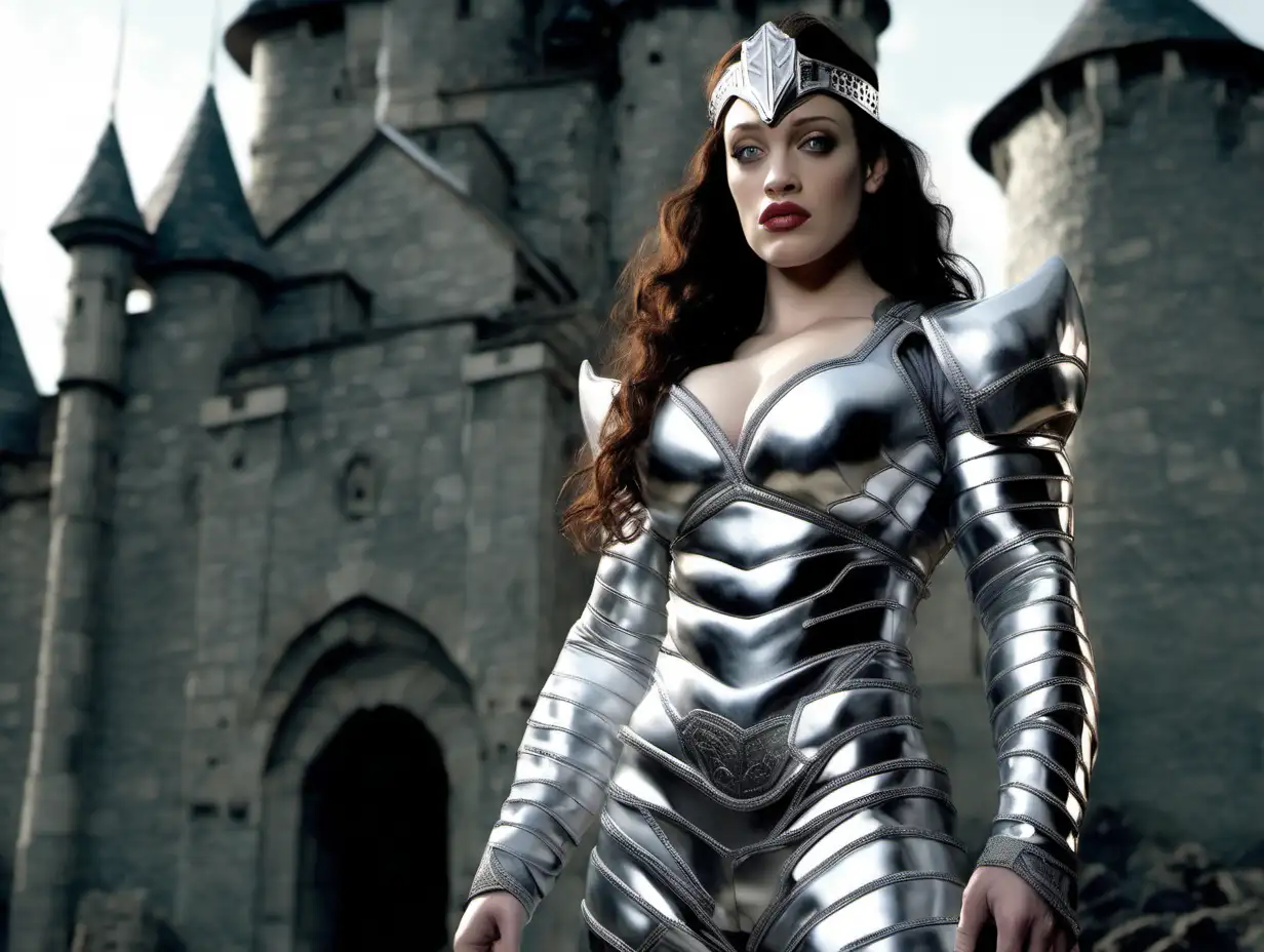 Muscular Female Bodybuilder in Silver Armor Outside Castle