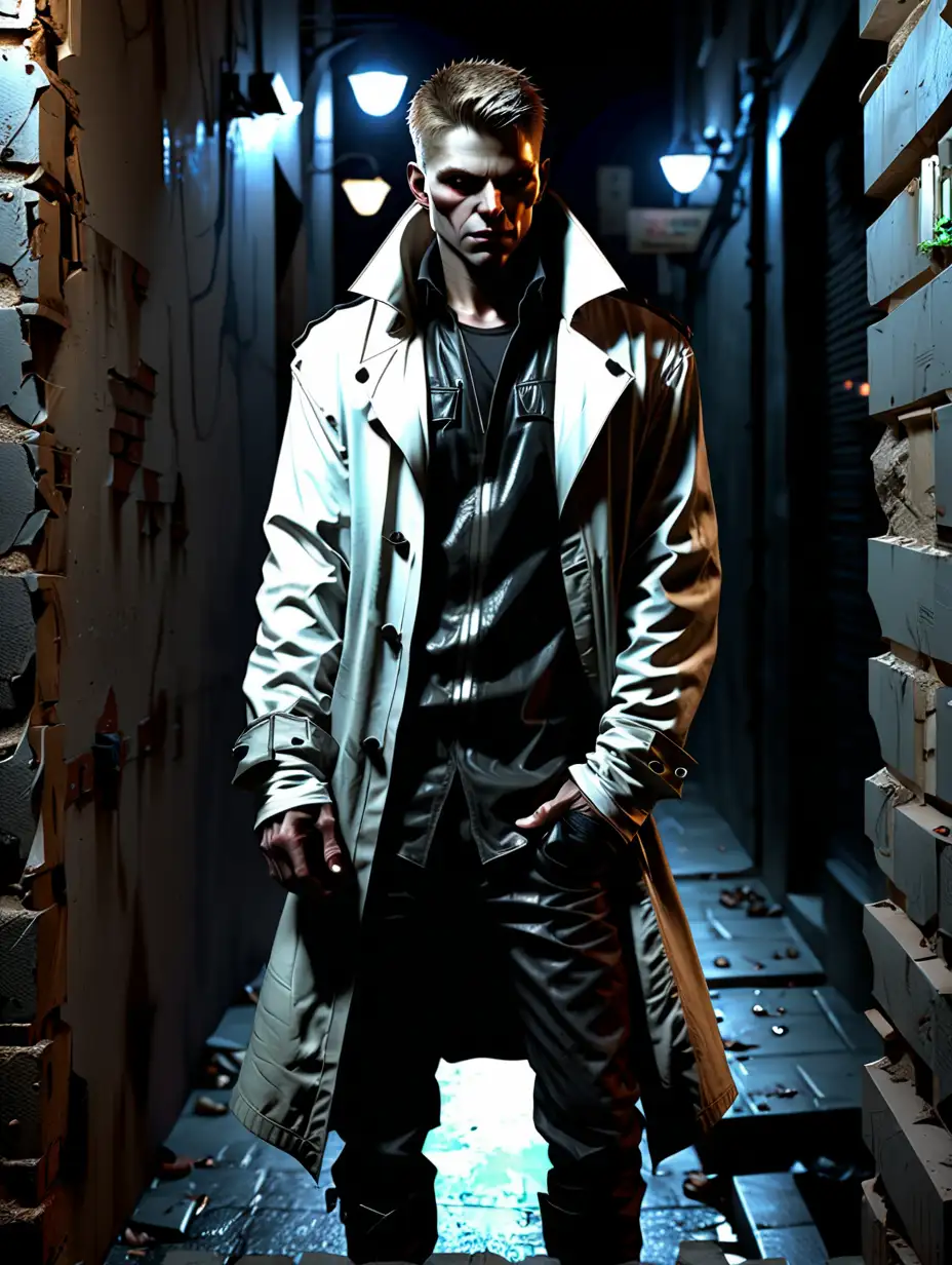a white male Robert Fico Lasombra vampire enforcer, short hair, strong build, wearing a long jacket, modern casual clothing, Robert Fico full body shot, leaning against a wall in an alley at night, realistic,