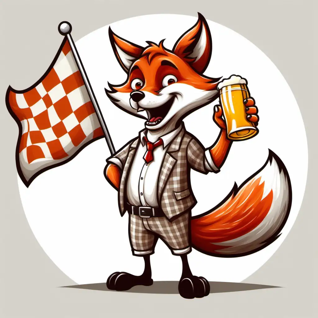 A rough looking fox. He is drinking a beer. And he is waving a red and white checkered flag. Cartoon style.