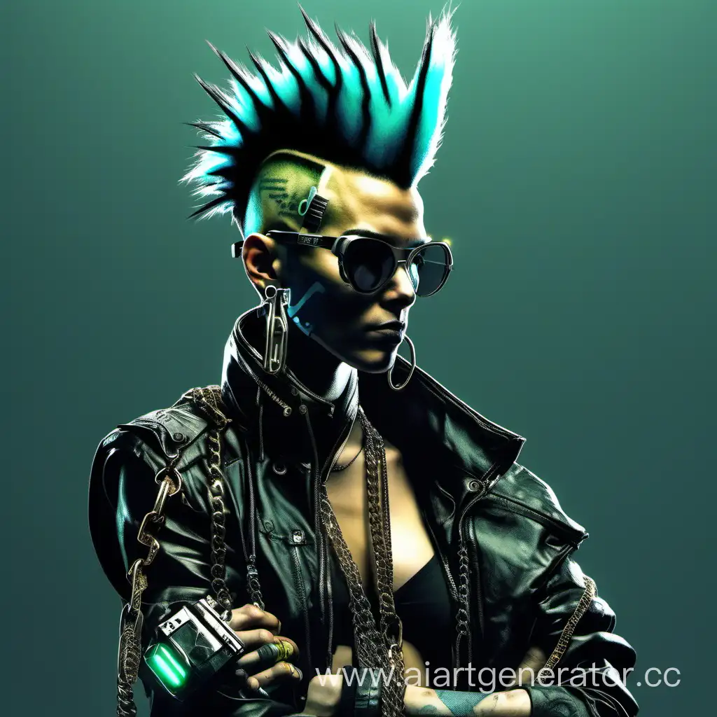 futuristic punk with a mohawk, a chain from nose to ear, and cyberpunk-style glasses in a Chrisovka pose like Cyberpunk 2020